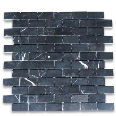 China Nero Marquina 1x2 Modern Black Medium Brick Marble Mosaic Tile Polished for sale