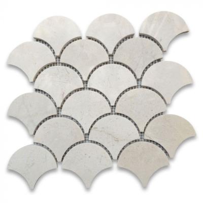 China Modern Tall Crema Marfil Fish Scale Fan Shape Mosaic Tile Polished for sale