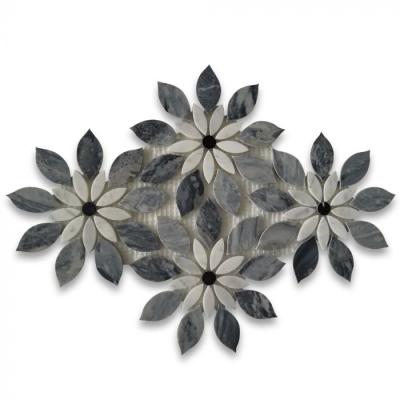 China Bardiglio Gray Marble Wildflower Rain Flower W Carrara and Nero Modern Waterjet Mosaic Tile Polished for sale