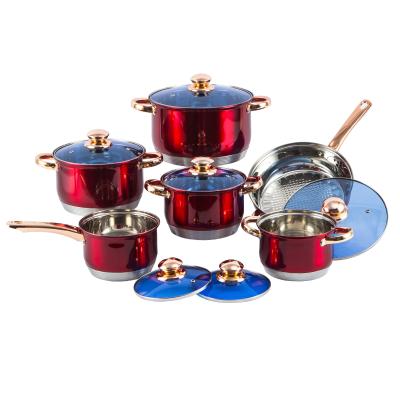 China Sustainable 12PCS Kitchen Cookware Set Stainless Steel Cooking Pots Set With Red Color for sale