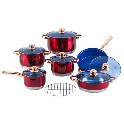 China Sustainable Customized 13PCS Cookware Set Stainless Steel Kitchen Cooking Pots Set With Red Color for sale