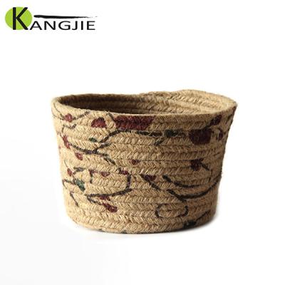 China Sustainable Modern Oriental Flower Printing Jute Rope Small Storage Basket for sale