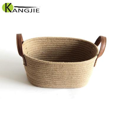 China Sustainable Round Jute Rope Storage Basket With Leather Handle for sale