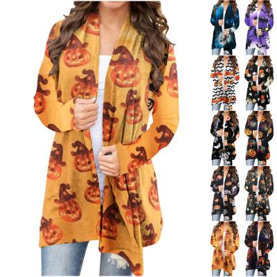 China Breathable Autumn Fashion Digital Printing Long Sleeve Halloween Coat Casual V-neck Women Coat for sale