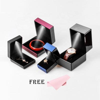 China Luxury Custom Jewellry Jewelry Case Packaging Logo Ring Pendant Necklace Bangle Watch PU Leather LED Light Jewelry Display Gift Box Packaging for sale