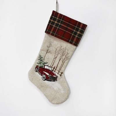 China Wholesale Christmas Ornament HWF 100716 Car Model Printing Christmas Ornaments Gifts Bag Plaid Christmas Khaki Canvas Stockings for sale