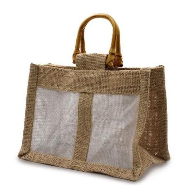 China Fashion wholesale front white high quality linen jute reusable cane handle wine tote bag with wooden handles for sale