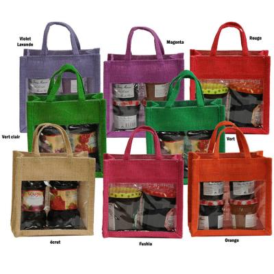 China Fashion wholesale custom small 2 jar packaging jute gift bags with clear pvc window for sale