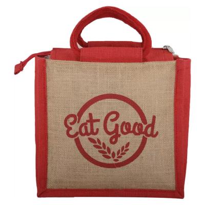 China Fashion high quality plain custom logo side red printed zipper mini small jute burlap gift bag for sale