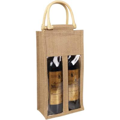 China Fashion wholesale 2 bottles packing jute wine tote bag with wooden handles holder totes burlap jute wine bags for wine for sale