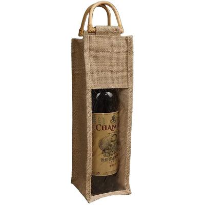 China Fashion wholesale one bottle jute wine bag with bamboo handle eco-friendly custom jute gift bag with pvc window for sale