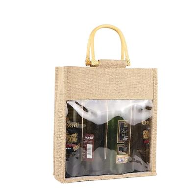 China Fashion wholesale bottle wine packaging burlap jute linen wine bag with pvc window natural jute bags with wooden handle for sale