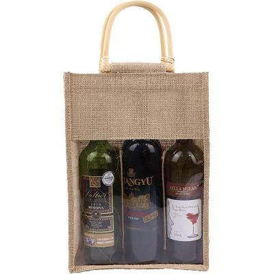 China Fashion high quality linen jute reusable eco fold-able 3 bottle jute wine tote bag promotional bamboo handle jute gift bag for sale