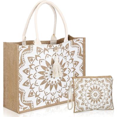 China Fashion wholesale fashion printed eco reusable  shopping jute tote bag jute bags waterproof beach women jute burlap tote bag for sale