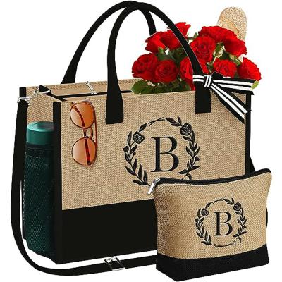 China Fashion wholesale jute tote bags custom large natural eco friendly burlap jute shopping tote beach bag with logos for sale