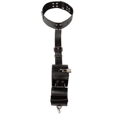 China PU PU Leather Bondage Handcuffs with Restraint Neck Collar Wrist Adjustable Belt Neck to Wrist Leather Restraints kit with Locks for sale