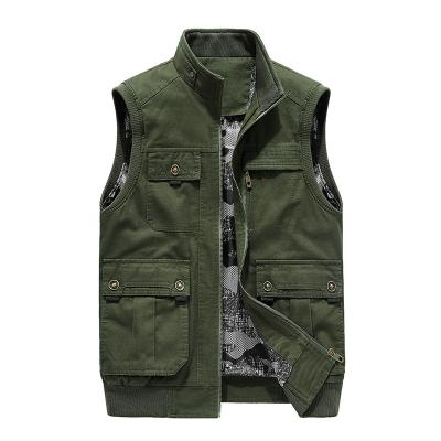 China wholesale Simple Plus Size Men's Waistcoat Zipper Anti-wrinkle Cotton Washing Multi-pocket Sheer Tooling Loose Collarless Men's Waistcoat Men's Vest Wholesale for sale