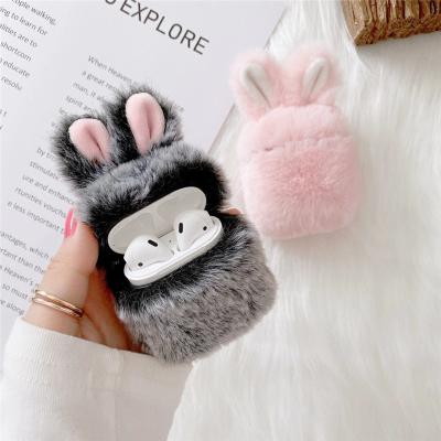 China Light Weight Stuffed Cute Rabbit Ears Cover Device For Airpods Black Rabbit Earphone Cover Winter for sale