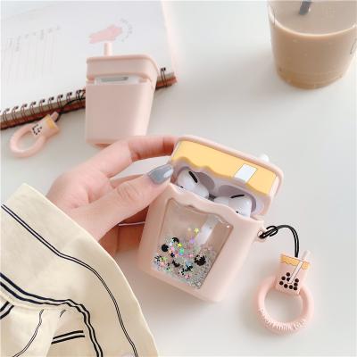 China Funny Shiny Soft Earphone Case Bling Glitter Milk Tea Design Silicone Cover Qucksand Case For Airpods pro for sale