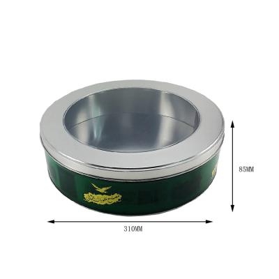 China Recyclable Food Grade Round Candy Chocolate Packing Decorative Cookie Metal Tin Box With Large PVC PET Window for sale