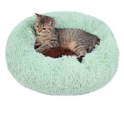 China Travel Drop Shipping Cat Bed Donut Round Plush Luxury Soft Comfortable Pet Dog Cat Sofa Deep Sleep Pet Cat Indoor Beds for sale