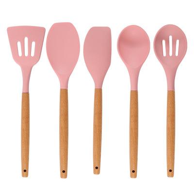 China 5Pcs Sustainable Pink Silicone Handle Wooden Spatula Grooved Turner Spoon Kitchen Utensil Set For Cooking Tool for sale