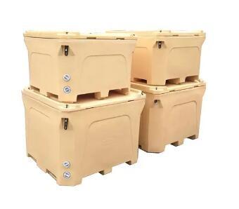 China Rubber Handle Insulated Yellow Food Transport Container with Bottom Pallet Wheels for sale