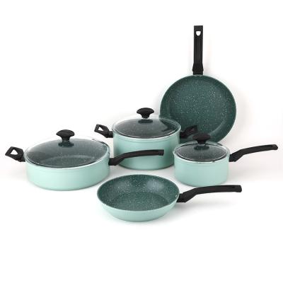 China New Durable Bakelite Handle Forged Non Stick Aluminum Pot Cookware Cooking Set With Tempered Glass Lid for sale