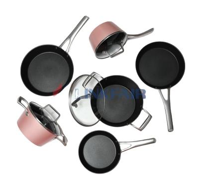 China Linkfair Sustainable 12 Piece Cookware Non-Stick Pots and Pans Set High Gloss Pink Pan/Dutch Oven/Fry Pan for Wholesale for sale