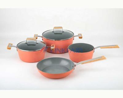 China Linkfair Sustainable Classic Aluminum Nonstick Coating 6-Piece Orange Cookware Set With Wooden Handles For Wholesale for sale