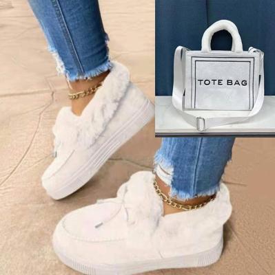 China Flat Winter Lady Warm Fluffy Furry Sneakers Fur Shoes And Bag Sets Women Casual Shoes Bag Straps For Plush Handbags for sale