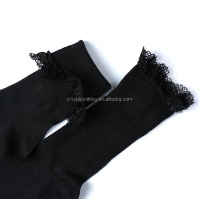 China Knitwear Breathable Women Lace Cotton Black Long Socks for sale