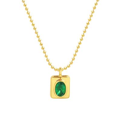 China TRENDY 18K Gold Plated Stainless Steel Zircon Oval Green Square Ball Chain Pendant Necklace For Women for sale