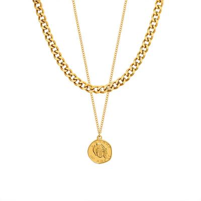 China FASHIONABLE Custom Vintage 18k Gold Plated Stacking Medusa Cuban Coin Gorgoneion Link Double Layer Chain Necklace Pendant Jewelry for sale