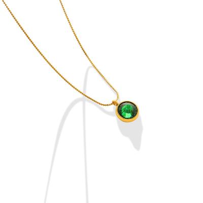 China TRENDY Simple Style Stainless Steel 18K Gold Plated Round Stone Emerald Pendant Necklace Jewelry For Ladies for sale