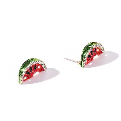 China Cute Custom Fashion Colorful Watermelon Fruit Zircon Cut Ear Stud Alloy Earrings Studs For Girl Gift for sale