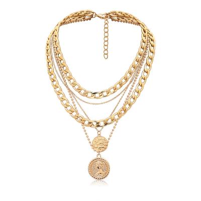 China FASHIONABLE Hot Selling Cuban Chunky Chain Necklace Main Portrait Necklace 18K Multilayer Gold Plated Women Coin Pendant Necklace Jewelry for sale