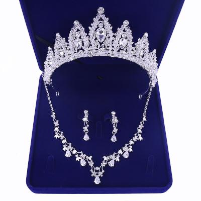 China Wholesale Bride Zircon Crown Necklace Earrings Jewelry Set Headwear New Trendy Three Piece Bridal Jewelry Wedding Accessories for sale