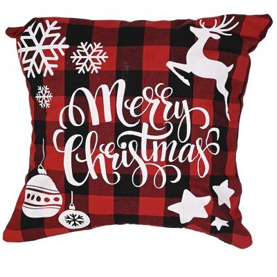 China Polyester Christmas Farmhouse Plaid Red Black Deer Snowflake Merry Christmas Script Cushion Cover for sale