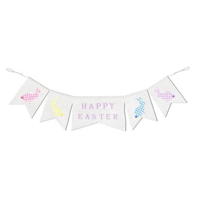 China Home Festival Decoration Easter Letter Banner Checked Pastel Color Bunny Silhouette With Pompom Tail Banner for sale