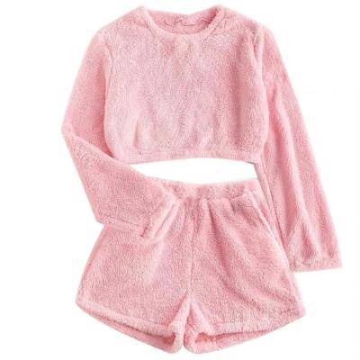 China Anti-pilling New Arrival 2021 Women's Coral Fleece Long Sleeve Plain Spring 2 Piece Set Fluffy Crop Top Pullover Sweatshirt Shorts Suit for sale