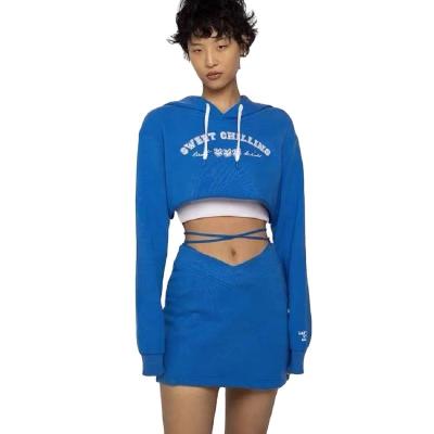 China Custom Women Cotton Anti Shrink Stylish Sexy Pullover Printing Crop Hoodie Bandage Lace Up Mini Skirt 2 Piece Skirt Sets for sale