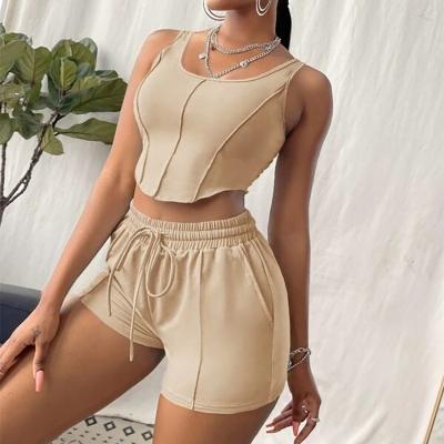 China Breathable Tank Set Cotton Custom Women For T-Shirts Tank Top Shorts And Drawstring Waist Sleeveless Solid Set for sale