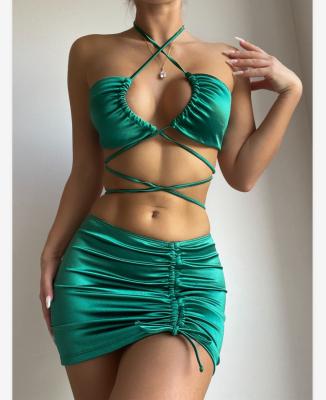 China Anti-UV Duits Ladies Bathing Sexy With Cover Up Swimwear Skirt Set Bandage Sexy Strappy Shiny Three Piece Bikini for sale