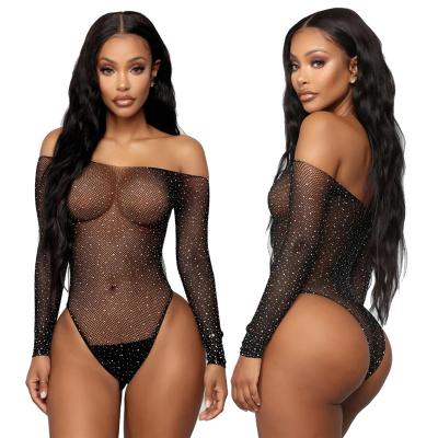 China Sexy Ladies Sexy Mesh See Through Rhinestone Bodysuit Jumpsuit Black One Piece Transparent Lingerie for sale