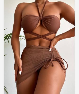 China New Model Sexy Halter Girl Anti-UV Sex Swimwear 3 Pieces Bikini Set Swimsuit BrownTankini Sexy Swimwear for sale