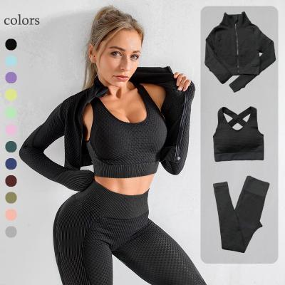 China Antibacterial 3pcs Womens Yoga Gym Wear Set Long Sleeve Fitness Crop Top Suit Upper Waist Yoga Legging Sets Fitness Women Sportswear for sale