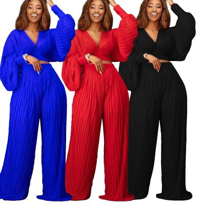 China wholesale Anti-wrinkle sleeve v-neck crop long top pleated wide leg pants set women pants two piece set for sale