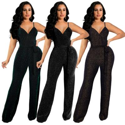 China Anti-pilling Sexy V-Neck Club Overalls For Women 2022 Bright Silk Bridle Overalls Elegant With Belt for sale