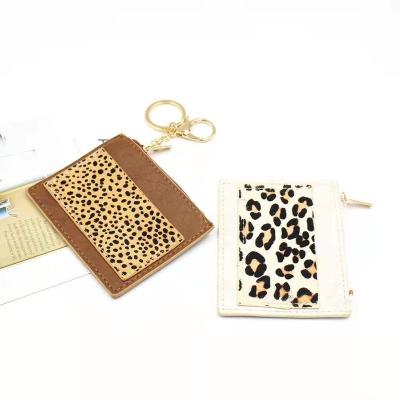 China New Trend Mini Handcarry Leather Leopard Print Horsehair Easy Card Holder With Key Chain for sale